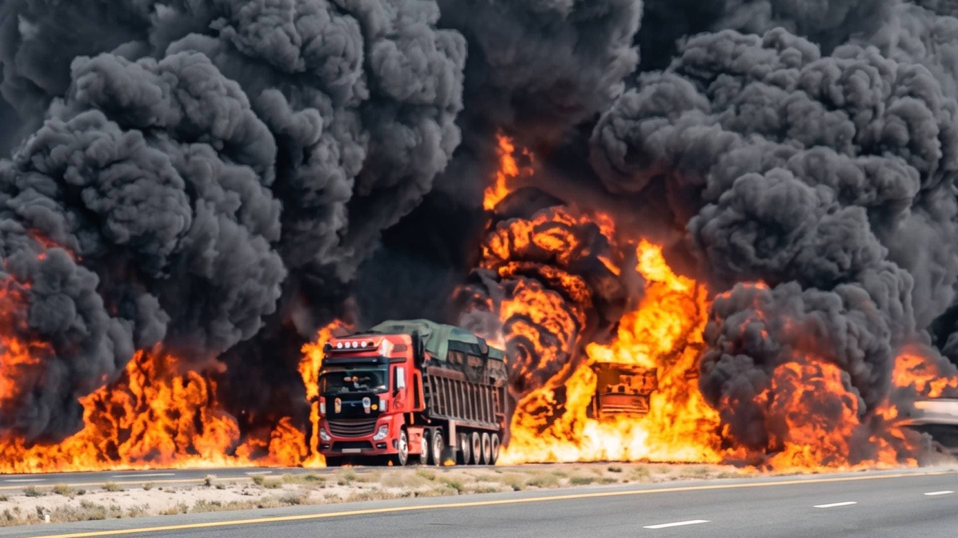 الأمن العام: كوادر الدفاع المدني تتعامل مع حادث تصادم  بين صهريج وشاحنتين على الطريق الصحراوي.. فيديو